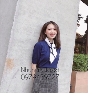 Set len cổ nơ áo xanh