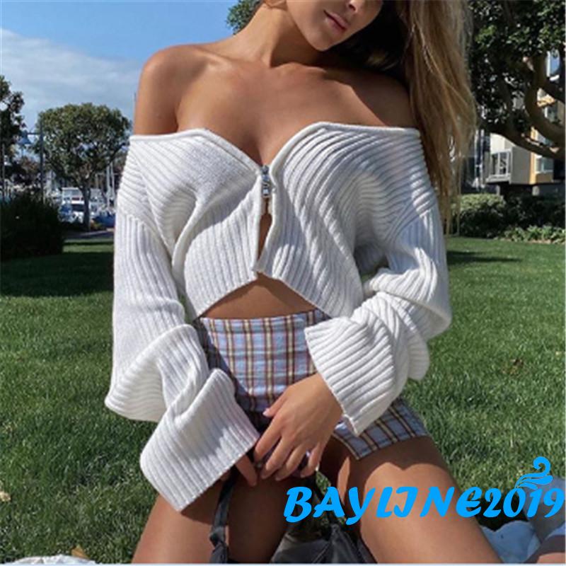 Áo dệt kim tay dài màu sắc đơn giản có khóa kéo cho nữ