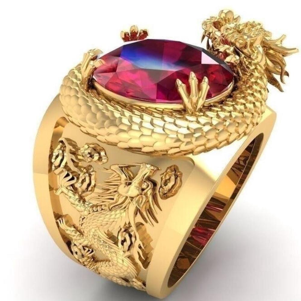 Nhẫn đeo ngón tay titan mạ vàng hình rồng 3D khảm đá ruby sang trọng cho nam