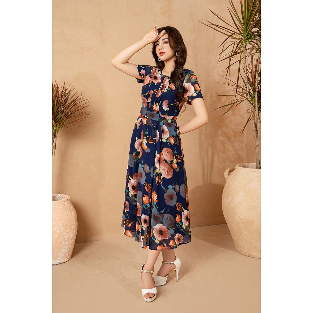 Đầm trung niên hàng thiết kế dự tiệc LYBEE dáng xòe von tơ cao cấp 630