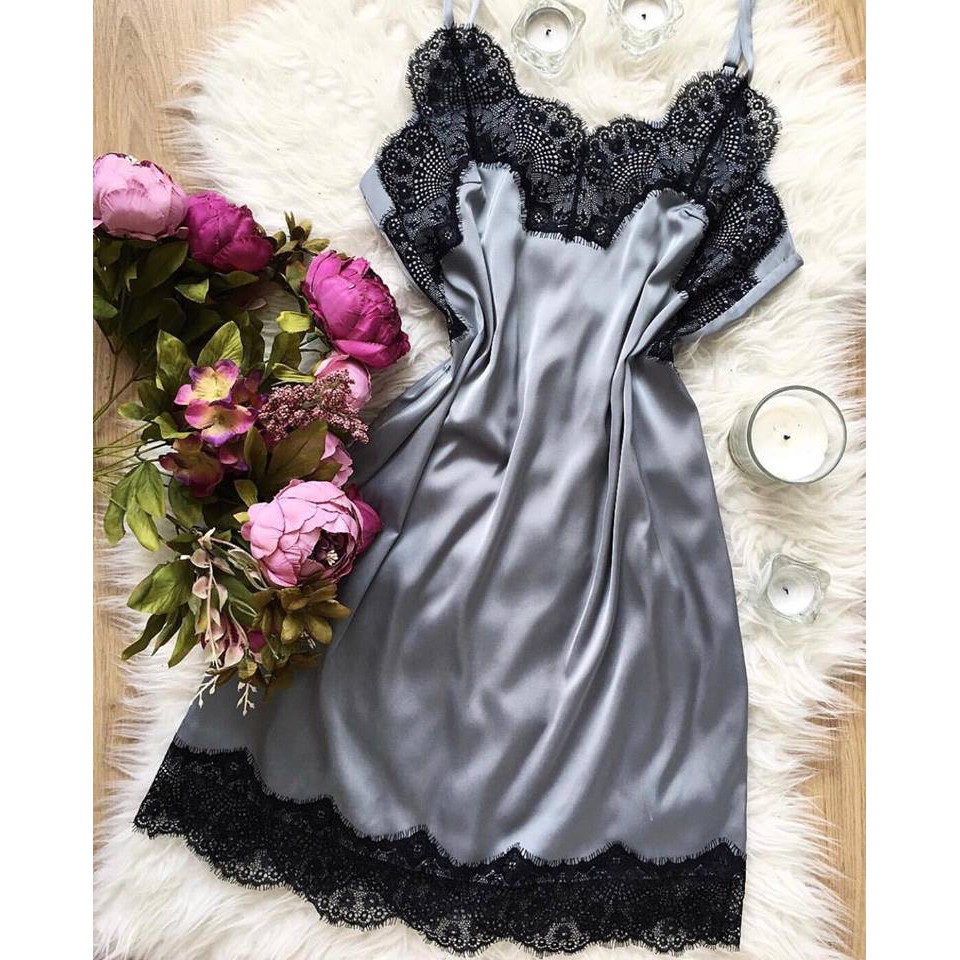 Váy ngủ xám satin lụa