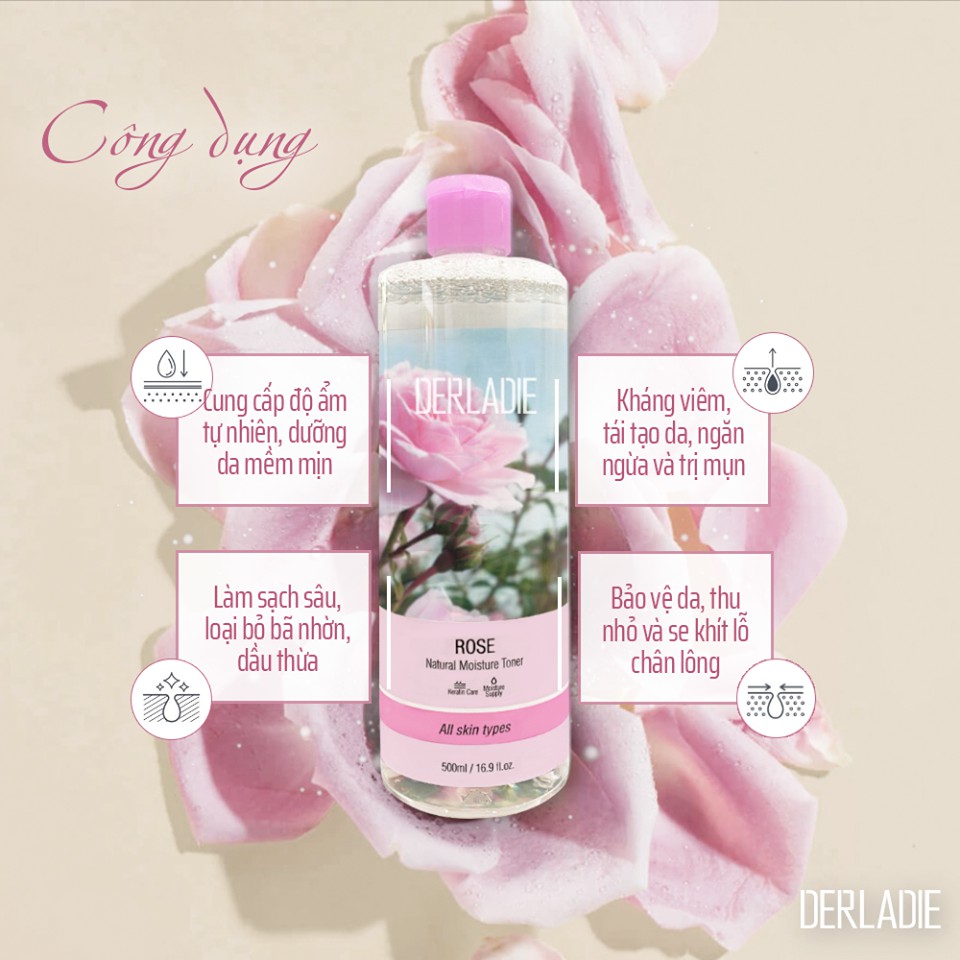 Nước Cân Bằng Da Derladie Rose Natural Moisture Toner (500ml) Tặng Bông Tẩy Trang Ceiba Xanh Lá (80 miếng)