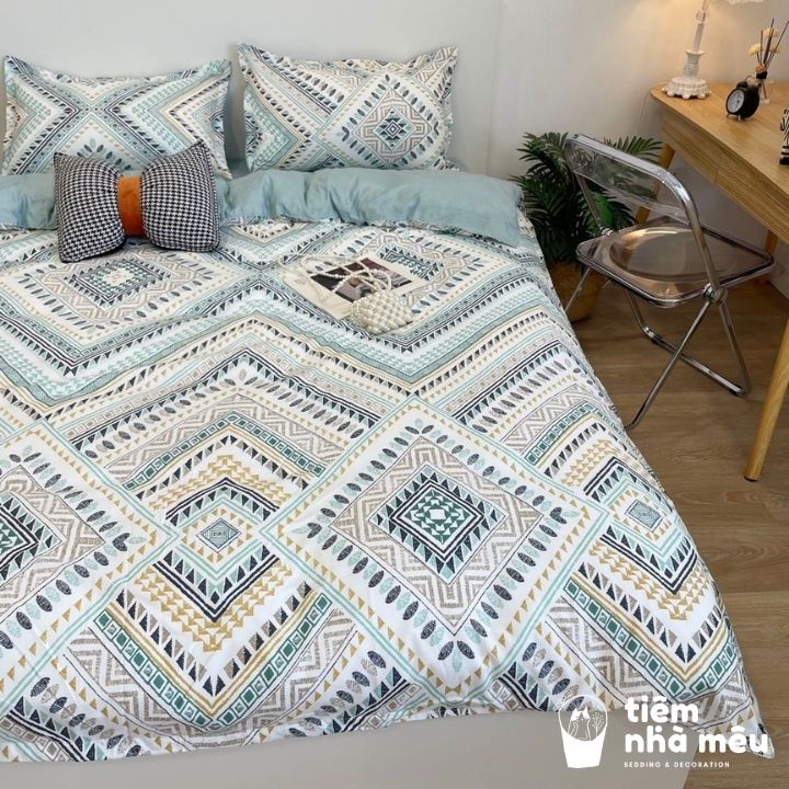 Bộ Vỏ Chăn Ga Gối Cotton 3D 80% Set 4 Món Thổ Cẩm Xanh Phong Cách Vintage Cổ Điển Fullsize Tiệm Nhà Mêu