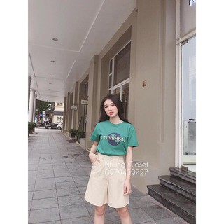 Set áo thun xanh + quần short đũi be