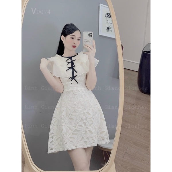 Đầm ren thiết kế nơ ngực hai lớp siêu xinh, Váy dự tiệc ren cao cấp