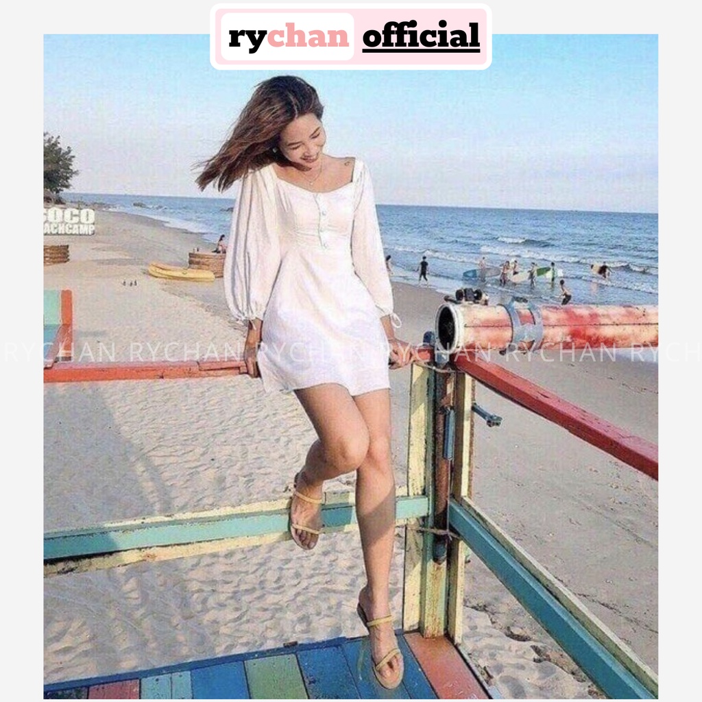 DX014 - Đầm Xòe Trắng Tay Phồng Cổ Vuông Đầm Đi Biển Dã Ngoại Công Sở