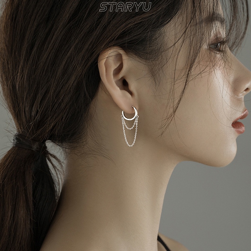 Khuyên tai bạc 925 hình tròn phối chuỗi dây xích phong cách Hàn Quốc thời trang cá tính cho nữ