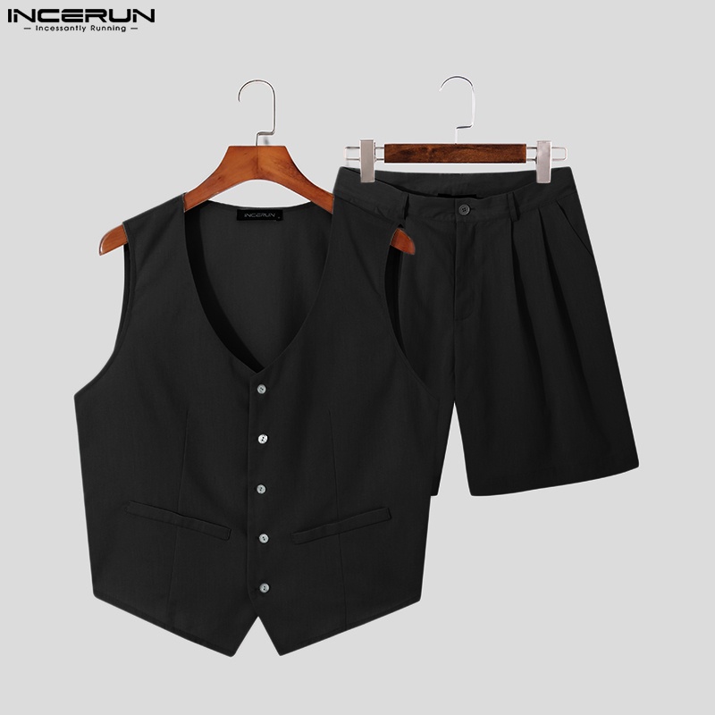 Set đồ INCERUN gồm áo sát nách và quần short đi biển màu trơn thời trang cho nam