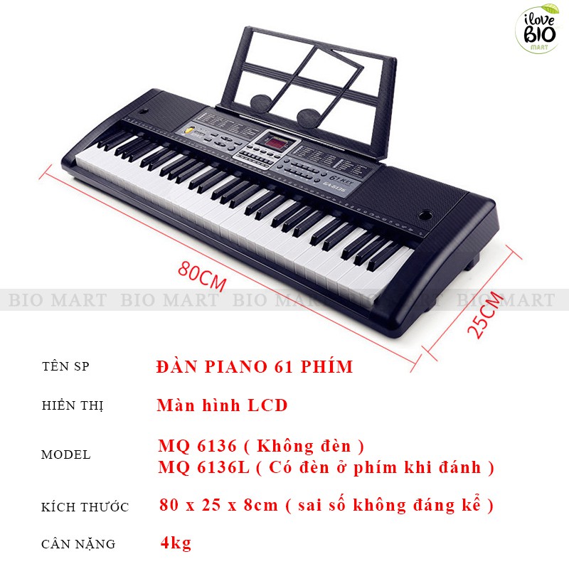 [PHÍM LED & GIÁ ĐỠ]  Đàn Piano Đàn Organ Electronic Keyboard Đàn 61 phím Đàn điện cho người mới học – BIO174