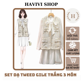 Set dạ gile trắng kèm chân váy xòe dài và áo sơ mi cổ nơ set dạ nữ 3 món phong cách hàn quốc havivi shop