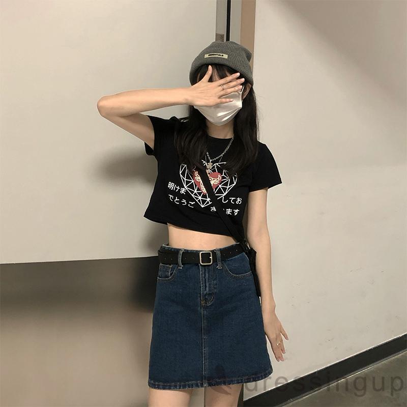 ◕‿◕Áo Thun Croptop Tay Ngắn Cổ Tròn In Hình Trái Tim Thời Trang Mùa Hè Cho Nữ