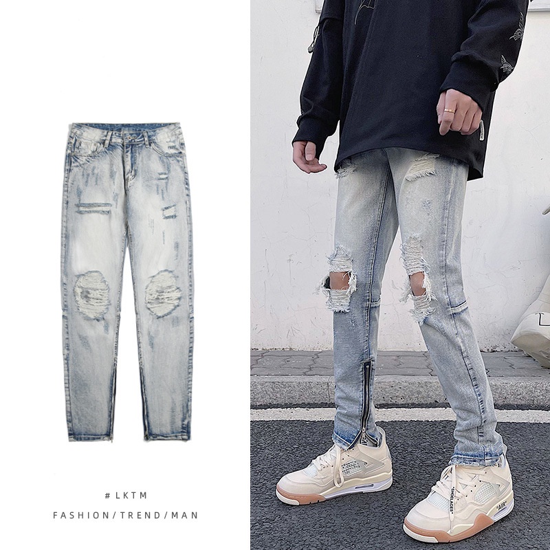 Quần Jeans Rách Gối Có khóa zip Siêu Ngầu, Quần Bò Rách Gối Phong Cách Đường Phố G620#