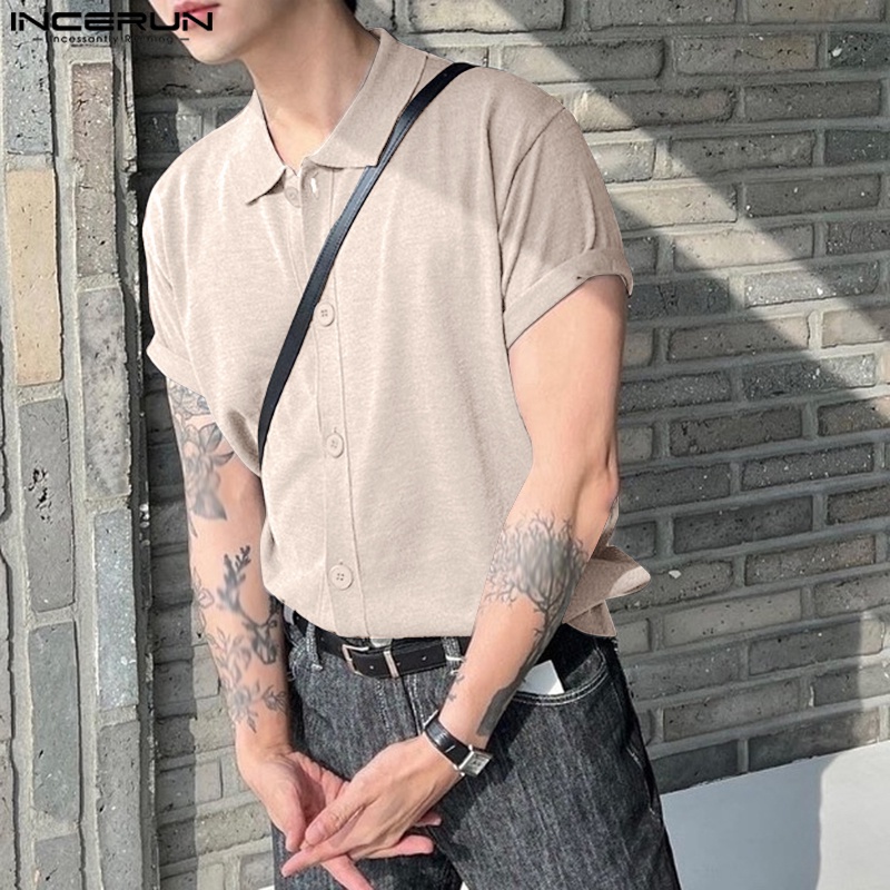 Áo INCERUN vải dệt kim ngắn tay màu trơn thời trang cho nam