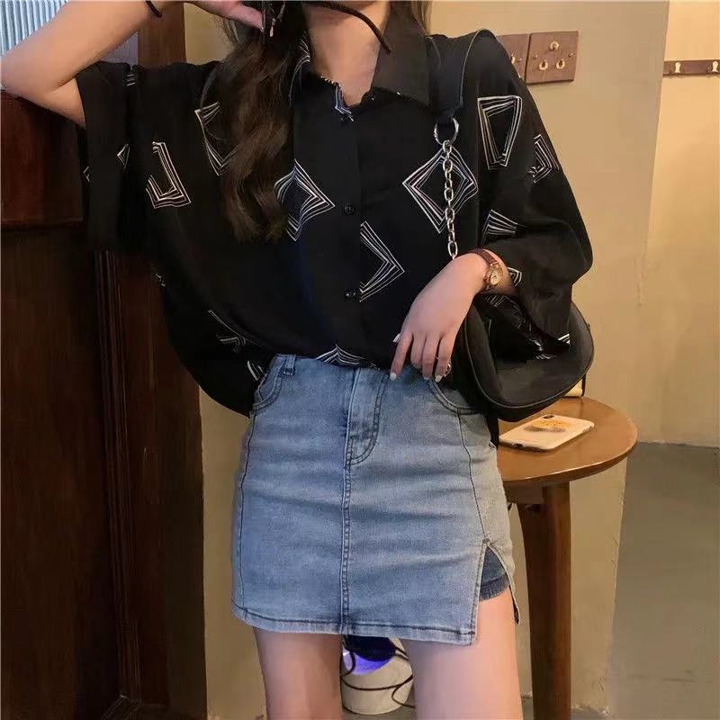 SUXI Áo sơ mi tay ngắn màu đen cổ điển chống nắng thời trang mùa hè dành cho bạn nữ