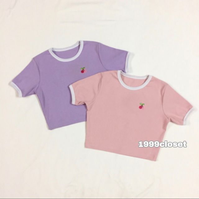 🍒Áo Croptop Viền Thêu Cherry 2 Màu Hồng Tím Ôm Body🍒