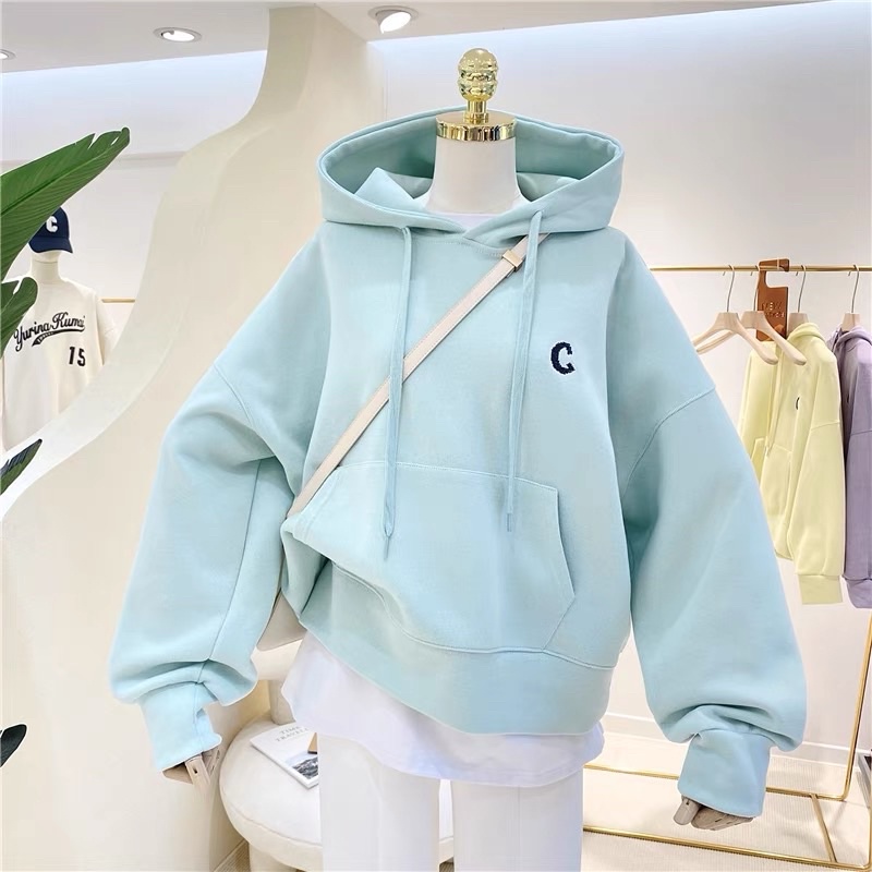 Áo hoodie vải nỉ Lót Bông Dày Dặn Thêu C Unisex Form Rộng