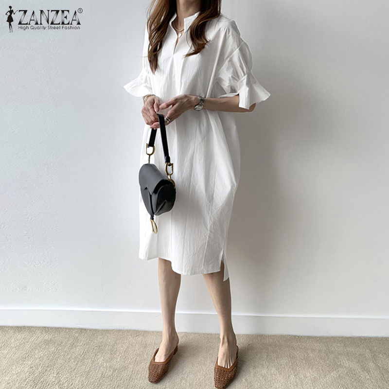 Đầm Midi ZANZEA Dáng Rộng Tay Loe Cổ Chữ V Xẻ Tà Hai Bên Cho Nữ | BigBuy360 - bigbuy360.vn