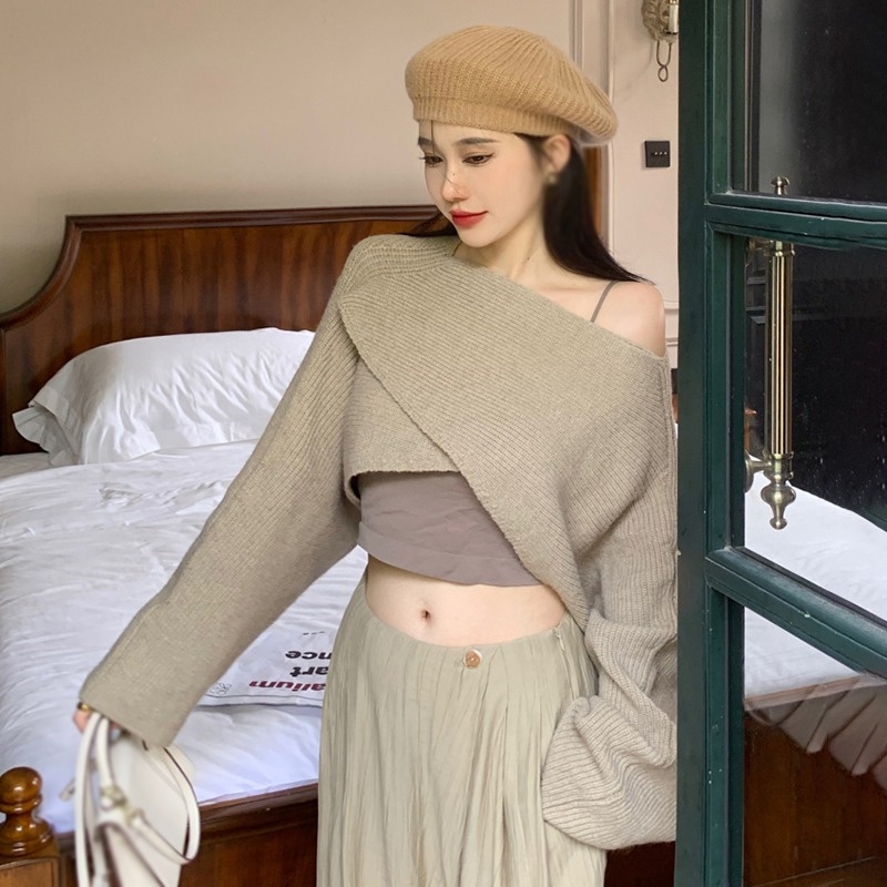 Áo Croptop Dệt Kim Dáng Rộng Phong Cách Hàn Quốc Cho Nữ