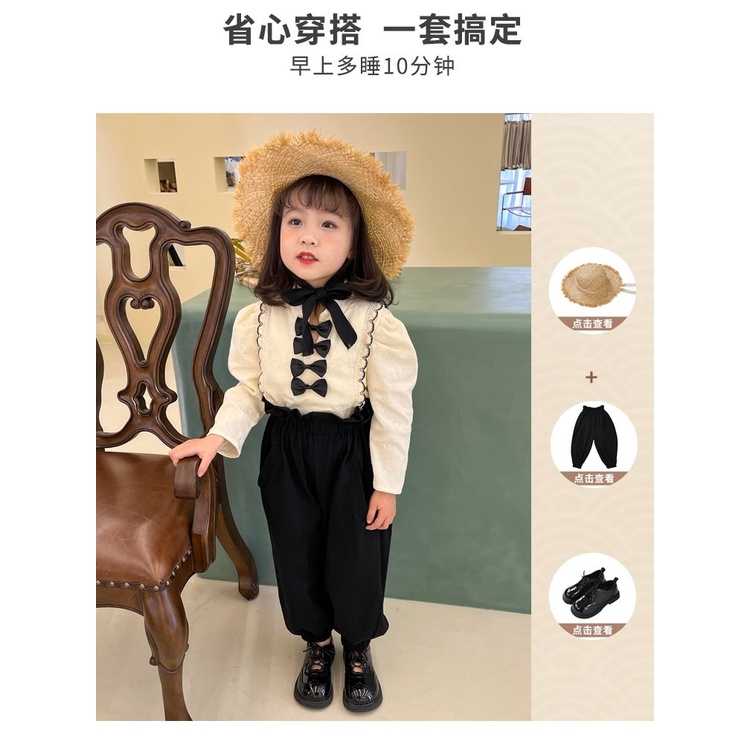 Bộ Áo Tay Phồng Đính Nơ + Quần Dài Thời Trang Xuân Thu Cho Bé Gái