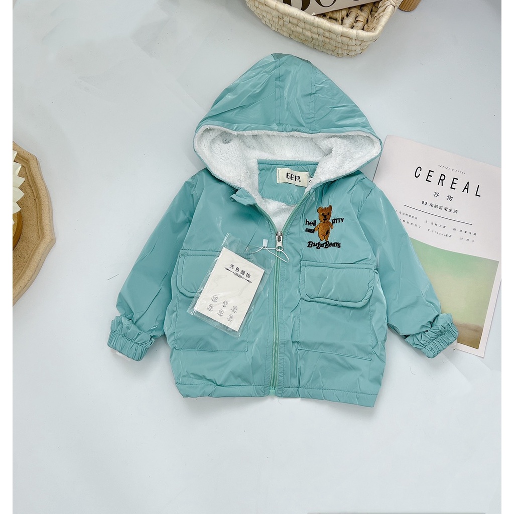 Áo khoác mùa đông, áo khoác lót lông thêu gấu BUGA BEAR túi thật cho bé trai, bé gái