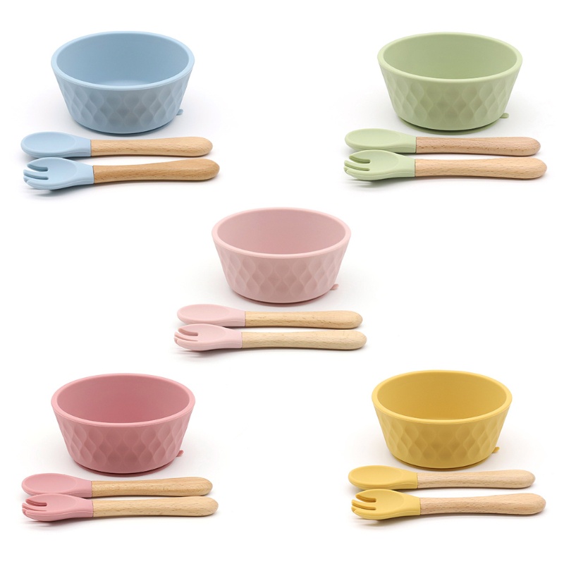 ℜ-ℜ  3 Pcs Baby Food Grade BPA-Free Silicone Suction Feeding Bowl Spoon Fork Dish Set