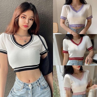 Áo Croptop Dệt Kim Tay Ngắn Cổ Chữ V Dáng Ôm Quyến Rũ Cho Nữ