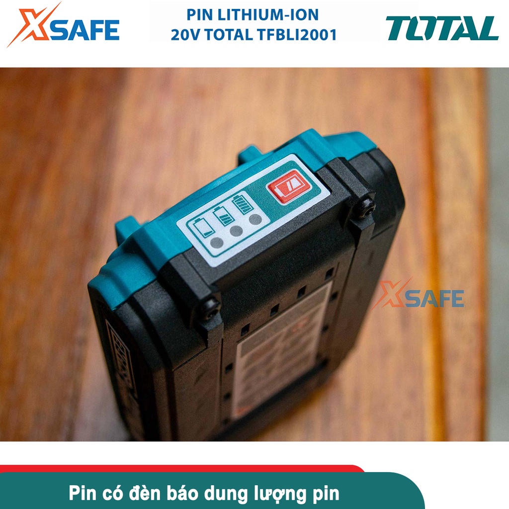 Pin Lithium-ion 20V TOTAL TFBLI2001/TFBLI2002, dung lượng 2-4Ah, đèn LED báo pin, tương thích nhiều dòng 20V TOTAL/INGCO