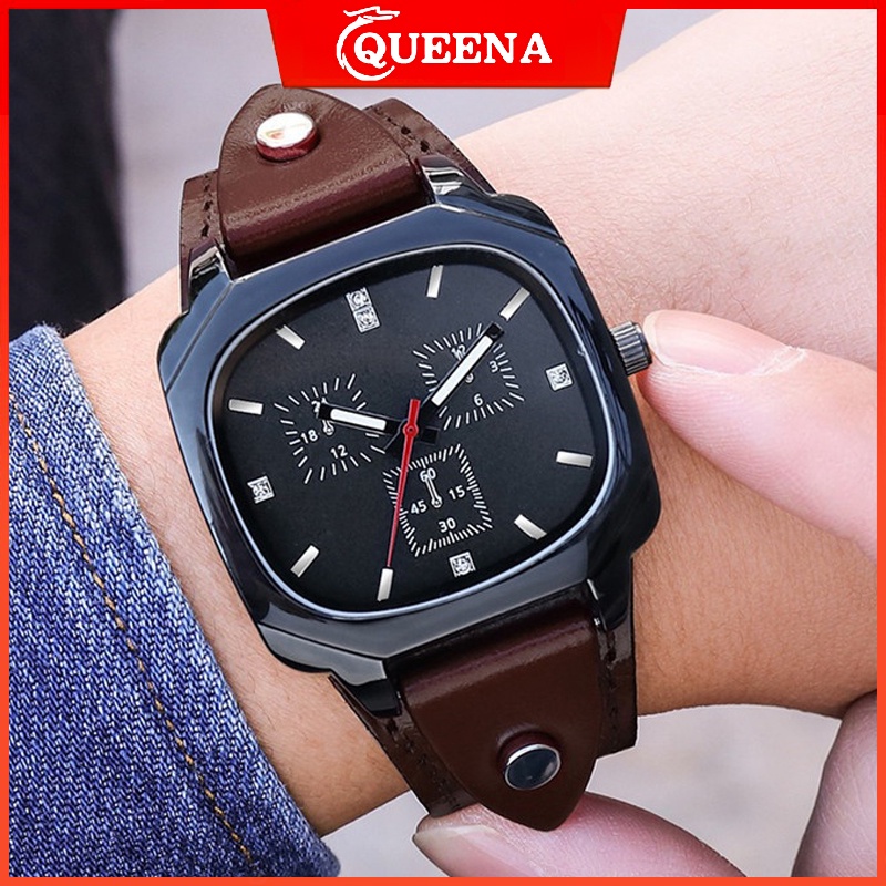 Đồng Hồ Quartz Mặt Vuông Với Dây Đeo Da Bò