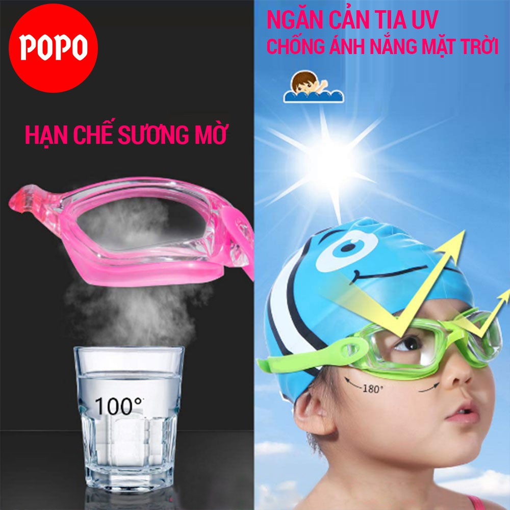 Kính bơi trẻ em, kính bơi cho bé POPO CF026 mắt kính trong chống tia UV, chống sương mờ, dây đeo silicon mềm mại cho bé