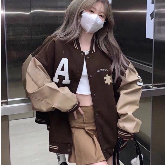Áo Khoác Bomber Nâu Phối Thêu Chất Siêu Đẹp