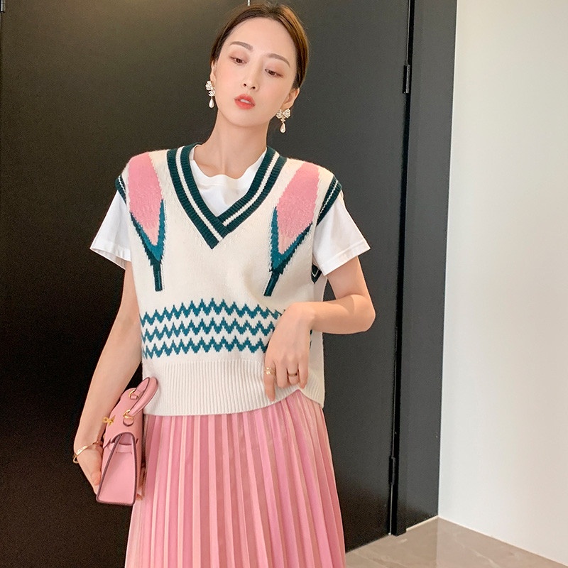 Áo Khoác Len Không Tay Cổ Chữ V Dáng Rộng Màu Sắc Tương Phản Thời Trang Mùa Thu Cho Nữ