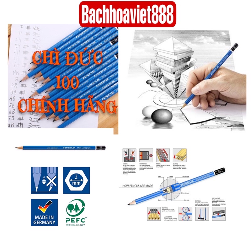 Set 3 bút chì Đức 100-2B Staedtler Mars Lumograph cao cấp 12 c/ hộp chính hãng, tặng gọt chì