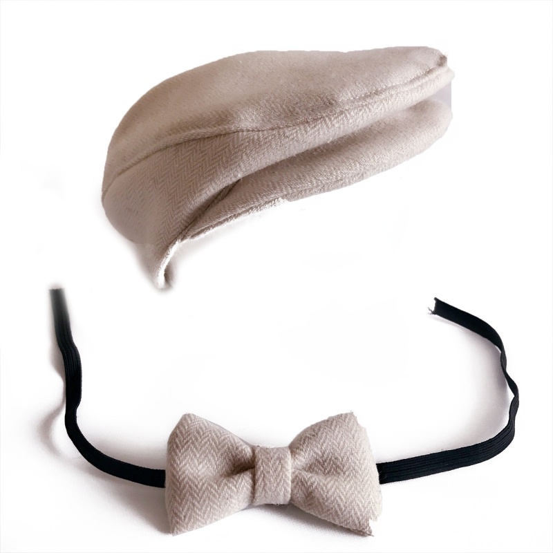 Set mũ beret và nơ đeo cổ màu trơn làm đạo cụ chụp ảnh dành cho trẻ sơ sinh