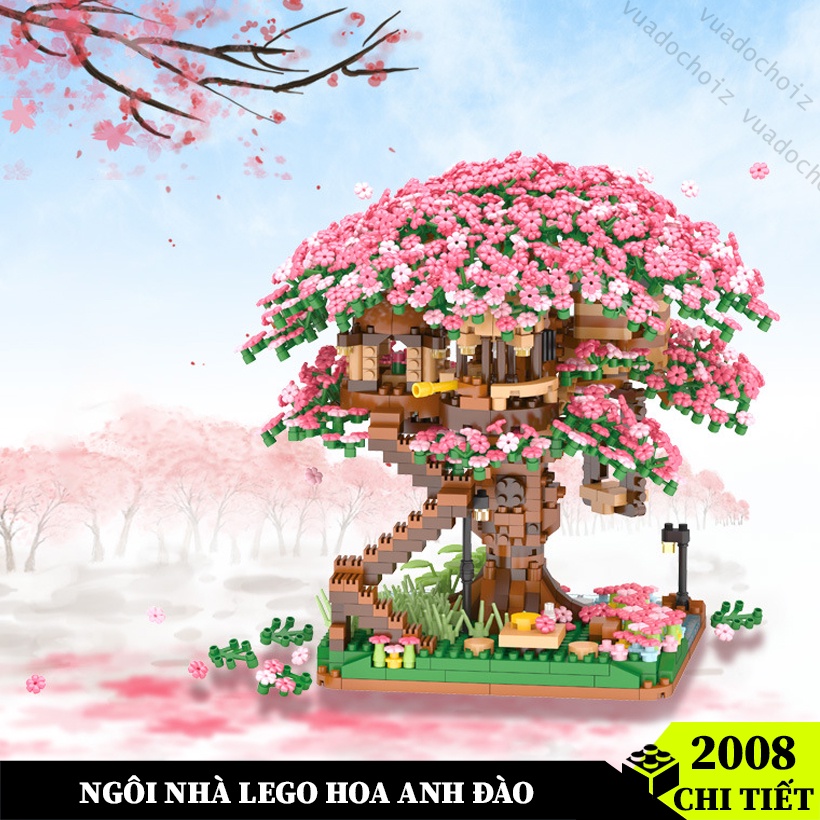 Bộ đồ chơi lắp ráp hoa anh đào dạng ngôi nhà trên cây, mô hình lắp ráp bonsai cây cảnh