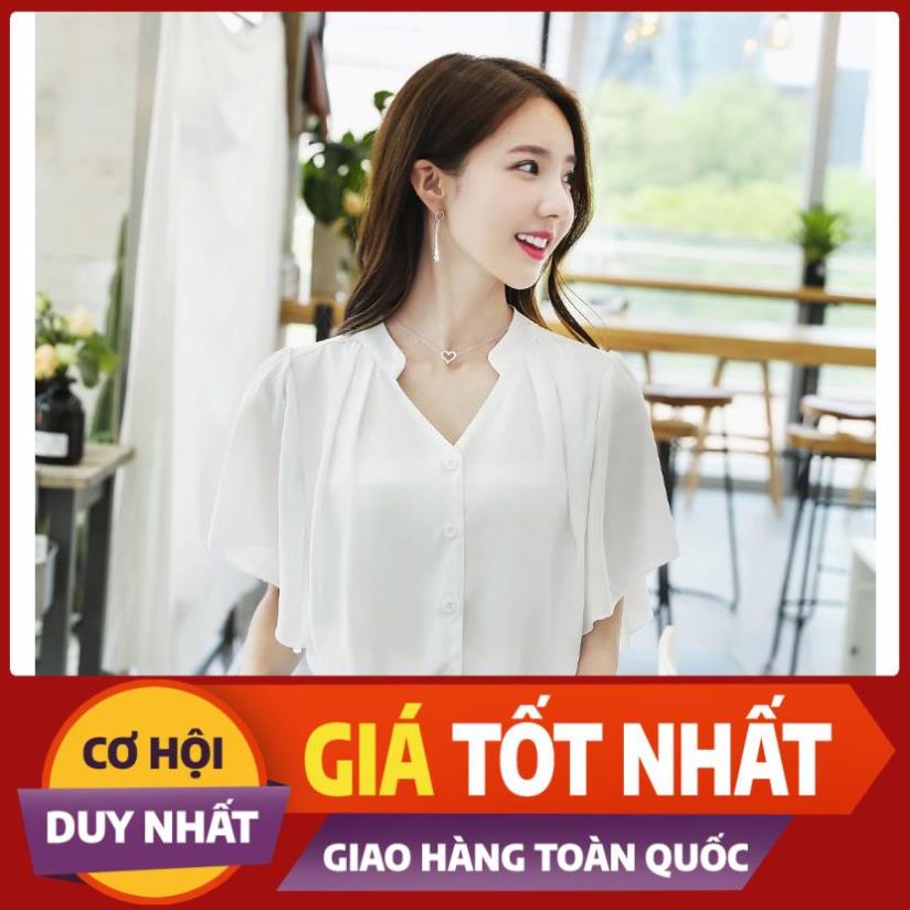Áo sơ mi nữ kiểu công sở - tay ngắn rộng cổ trụ phối nút