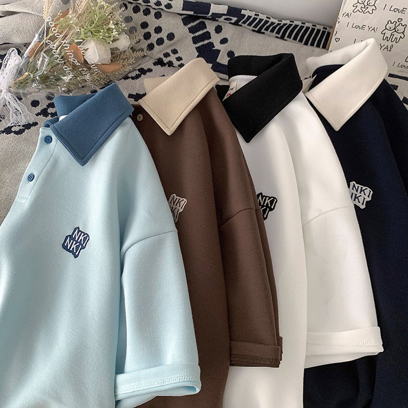 Áo Polo FKZ Unisex form rộng chất liệu cotton mềm mát thêu logo NKI trước ngực