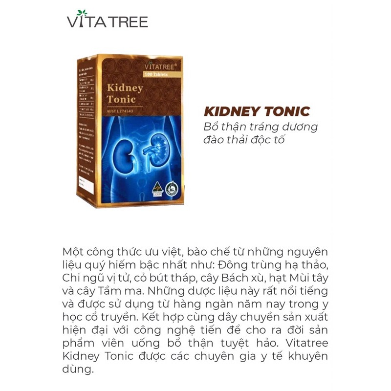 VITATREE KIDNEY TONIC - Bổ thận Tráng Dương - Hộp 100 viên - Nhập Khẩu ÚC