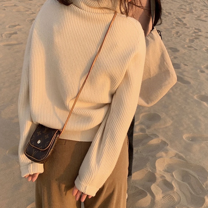 Áo Khoác Cardigan Dệt Kim Cổ Cao Dáng Rộng Màu Sắc Đơn Giản Thời Trang Thu Đông Cho Nữ