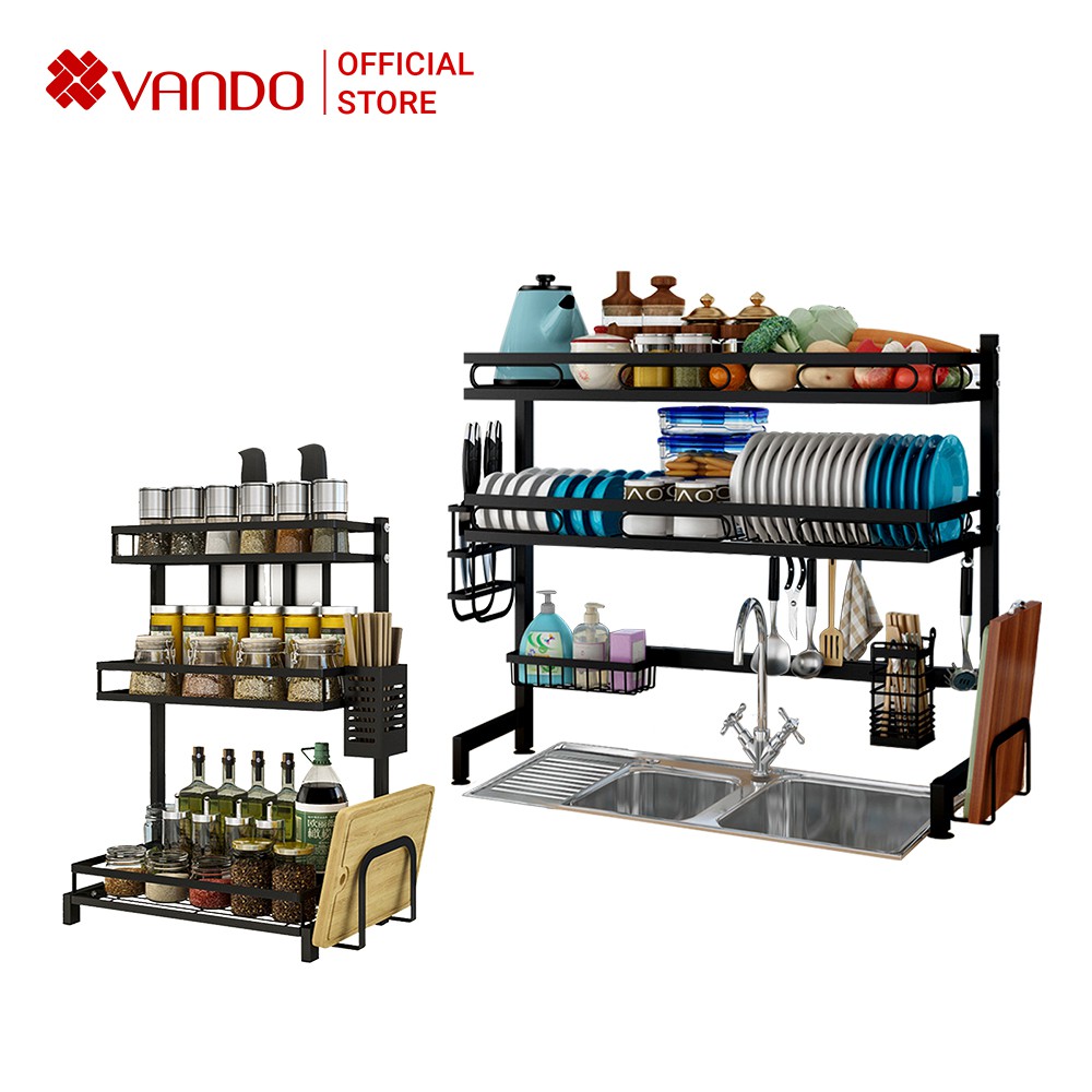 Combo Kệ Để Chén Bát Và Kệ Gia Vị 3 Tầng Chính Hãng VANDO Chất Liệu Cao Cấp