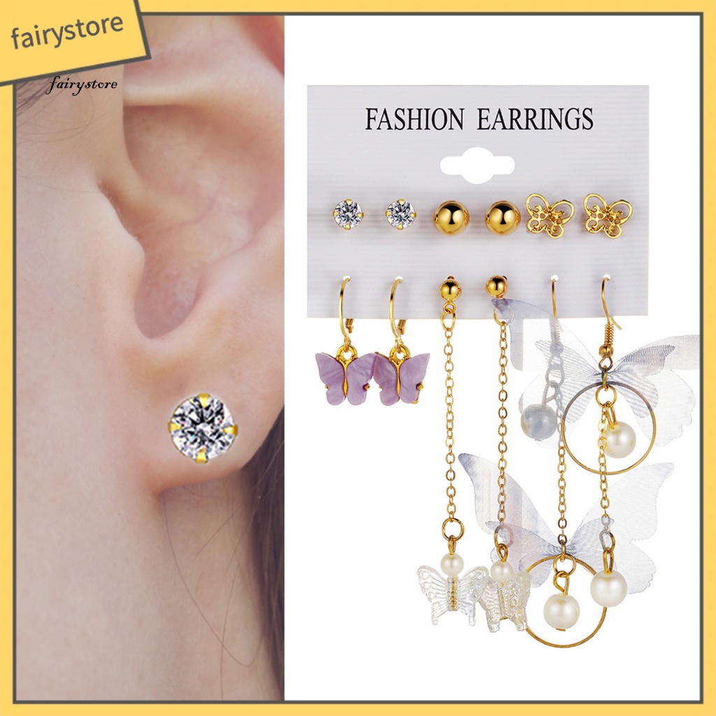 Fairystore| Set 6 Cặp Bông Tai Hình Bướm Đính Ngọc Trai Giả Thời Trang Nữ
