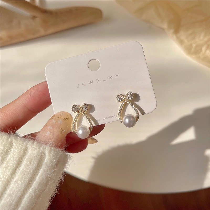 Khuyên Tai Nơ Đính Ngọc Trai Cao Cấp Sang Trọng Hợp Thời Trang