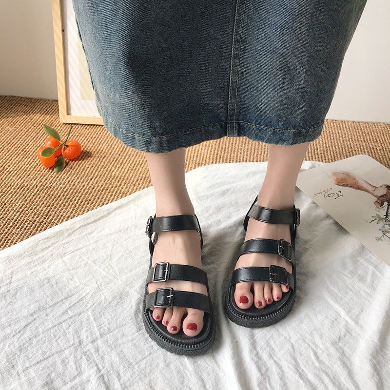 SANDAL ULZZANG HAI QUAI ÊM CHÂN, KHÔNG THẤM NƯỚC ĐEN TRẮNG ẢNH THẬT