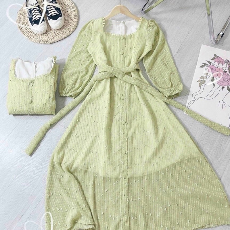 Đầm Viền Ren Dáng Dài Màu Xanh Min Tôn Dáng Màu Trắng Da