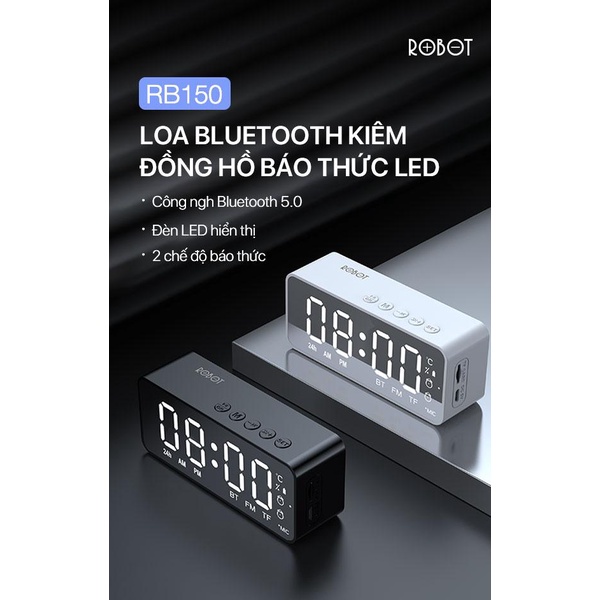 Loa Bluetooth 5.0 ROBOT RB150 màn hình LED kiêm đồng hồ báo thức, gương soi, đo nhiệt độ, nghe đài FM 5in1