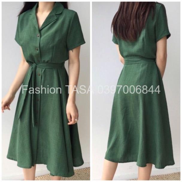 X2 váy xanh rêu cổ sơ mi có dây thắt eo đầm công sở (kèm hình thật) hàng thiết kế