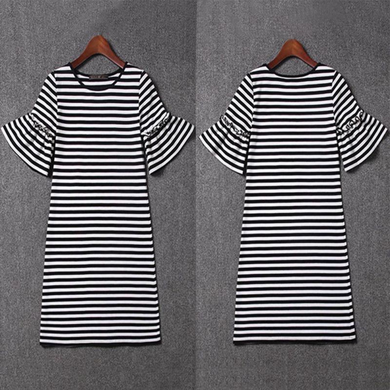 Đầm suông ngắn tay phối bèo kẻ sọc ngang thời trang | BigBuy360 - bigbuy360.vn