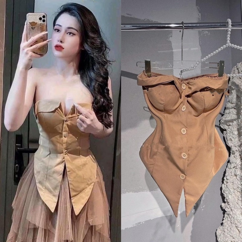Áo cúp ngực , áo ống kiểu tà nhọn phối nút lưng thun co giãn kèm mút ngực