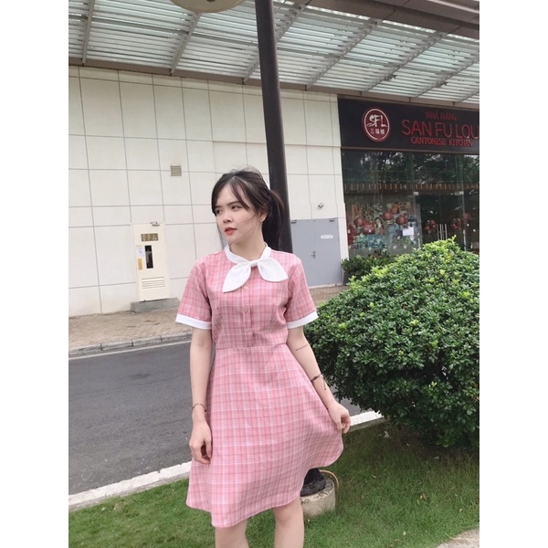 Đầm nơ cổ phối màu