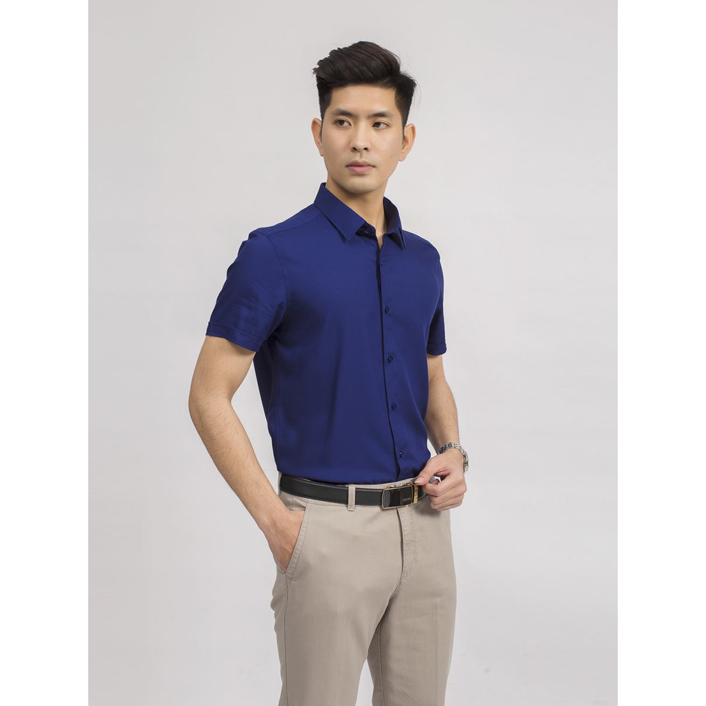 Áo Sơ Mi Nam Tay Ngắn Aristino ASS038S9 Màu Xanh Tím Than Kiểu Dáng Slim Fit Vải Sợi Tre