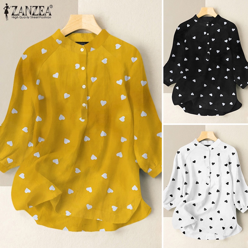 ZANZEA Áo Sơ Mi Cổ Đứng Tay 3/4 Dáng Rộng In Họa Tiết Trái Tim Thời Trang Cho Nữ